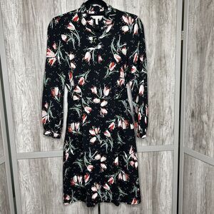 Rebecca Taylor Dress Short Black With Floral Print Button Down Long Sleeves Sz 0